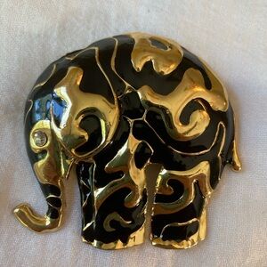 Lucky Elephant‎ Gold Tone and Black Enameled Vintage Brooch